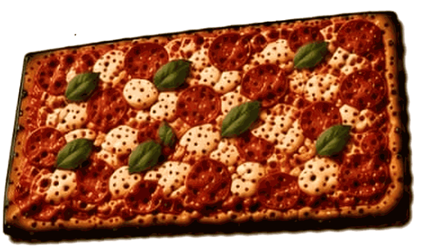 Pizza romana rettangolare in teglia da 20 per 30 centimetri con pomodoro, mozzarella e basilico